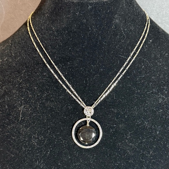 Etienne Aigner Jewelry - Etienne Aigner Silver Tone Double Chain Pendant Necklace – Black Stone